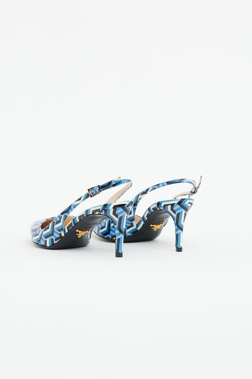 Prada Blue & Black Printed Patent Heel