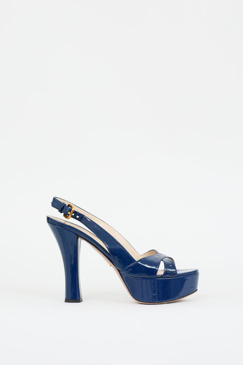 Prada Blue Patent Leather Slingback Platform Heel