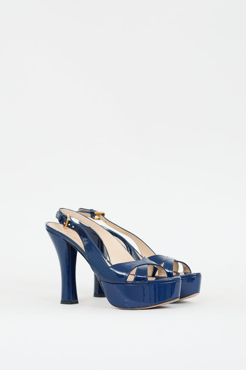 Prada Blue Patent Leather Slingback Platform Heel