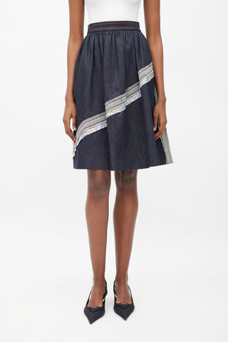 Prada Blue & Multicolour Floral Trim A-Line Skirt