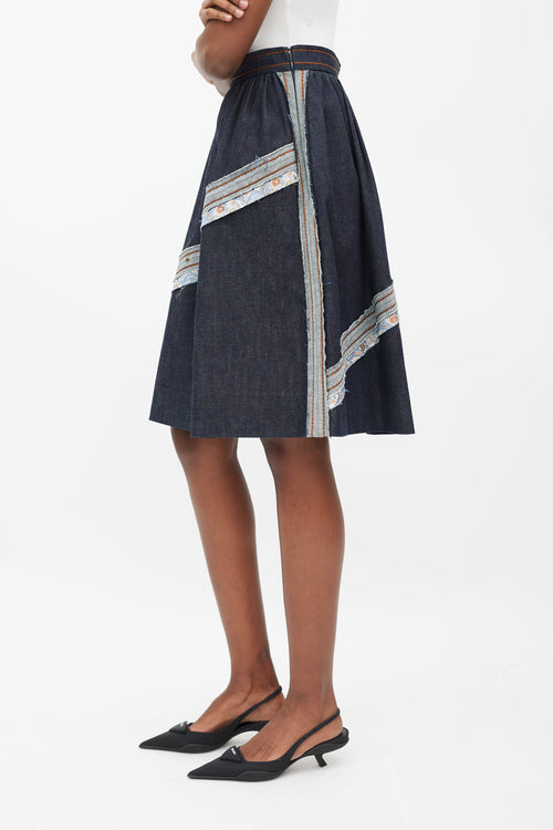 Prada Blue & Multicolour Floral Trim A-Line Skirt