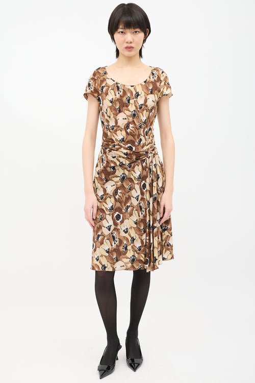 Prada Brown & Beige Silk Floral Twist Dress