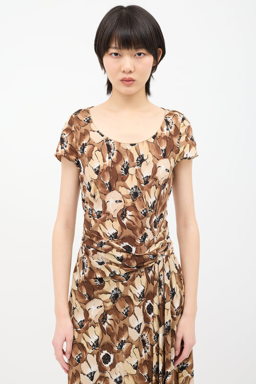 Prada Brown & Beige Silk Floral Twist Dress