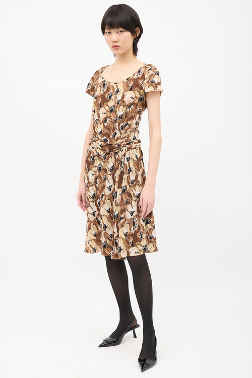 Prada Brown & Beige Silk Floral Twist Dress