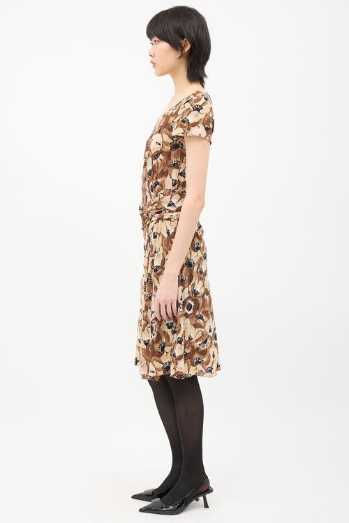 Prada Brown & Beige Silk Floral Twist Dress