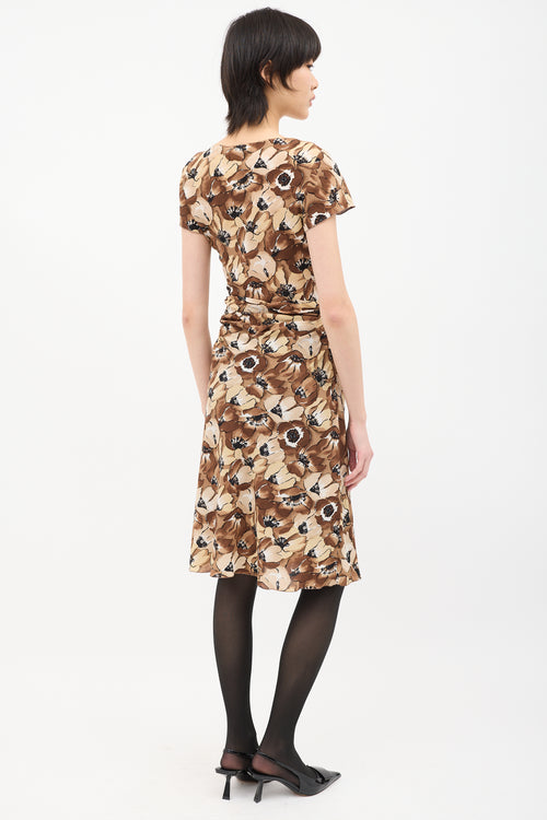 Prada Brown & Beige Silk Floral Twist Dress