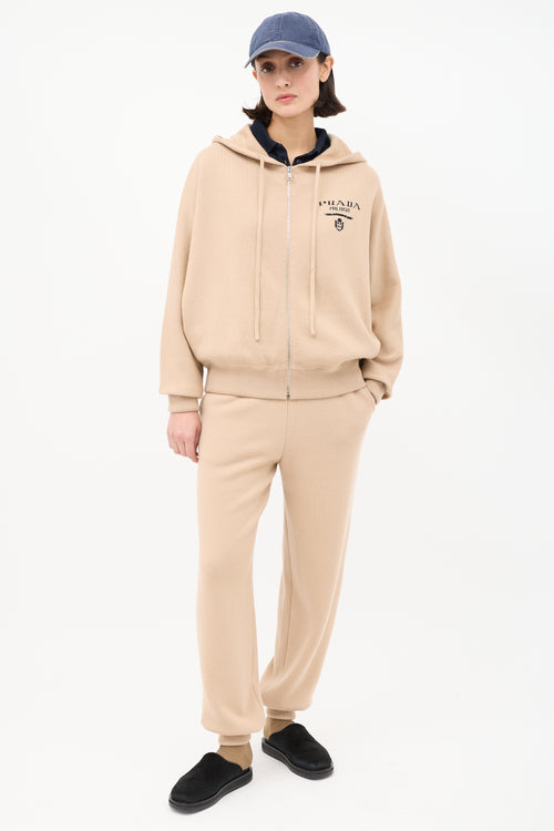 Prada Brown Cashmere Logo Intarsia Zip Hoodie