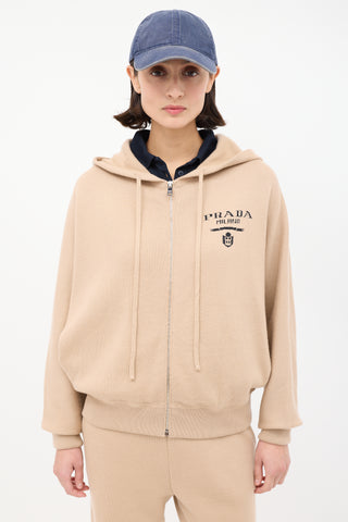 Prada Brown Cashmere Logo Intarsia Zip Hoodie