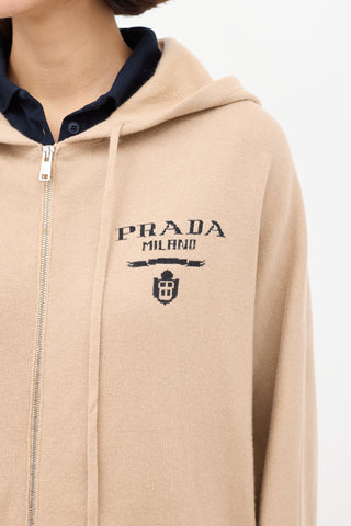 Prada Brown Cashmere Logo Intarsia Zip Hoodie