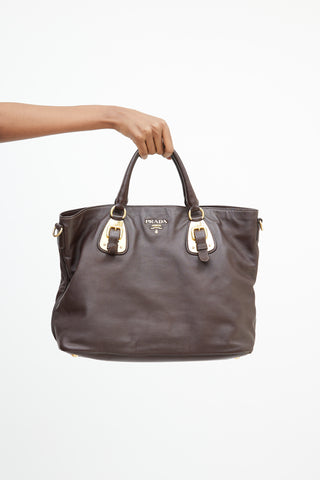 Prada Brown & Gold Leather Shopping Tote Bag