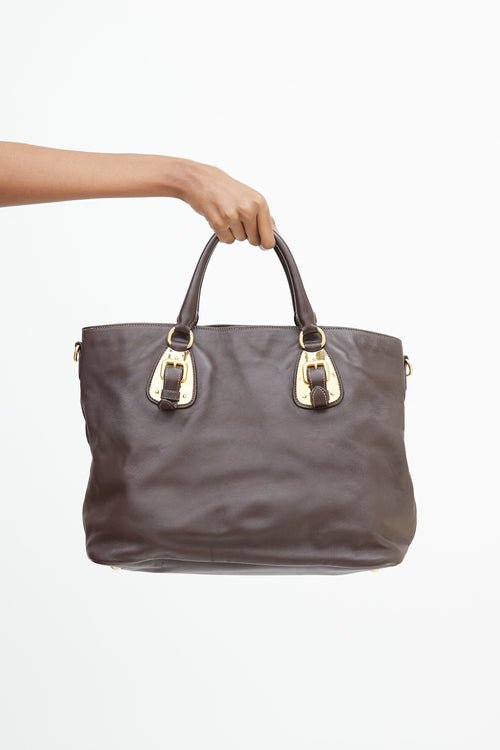 Prada Brown & Gold Leather Shopping Tote Bag