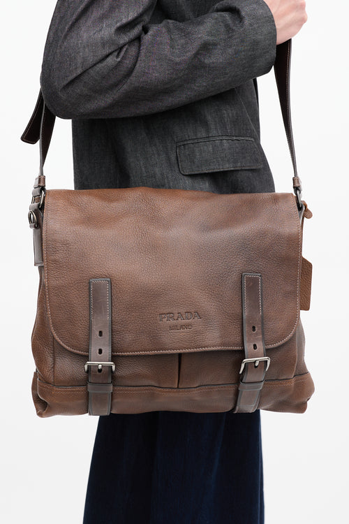 Prada Brown Leather Buckle Messenger Bag