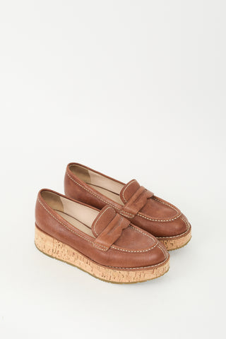 Prada Brown Leather Cork Plaform Penny Loafer