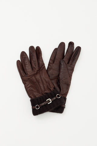 Prada Brown Leather & Knit Buckled Gloves