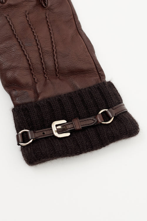 Prada Brown Leather & Knit Buckled Gloves