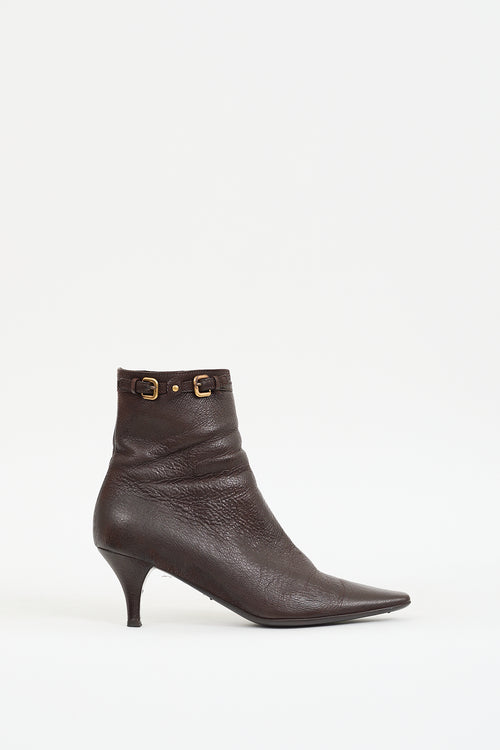 Prada Brown Leather & Gold Buckle Boot