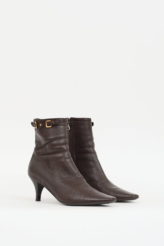 Prada Brown Leather & Gold Buckle Boot