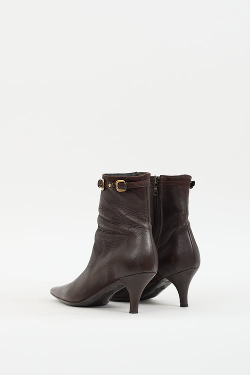 Prada Brown Leather & Gold Buckle Boot