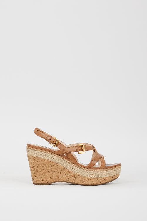 Prada Sport Brown Leather & Cork Wedge Sandal