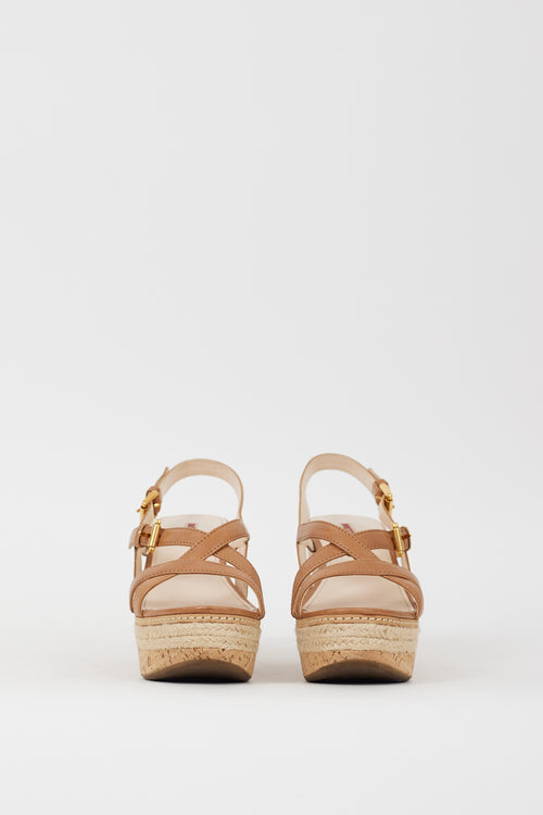 Prada Sport Brown Leather & Cork Wedge Sandal