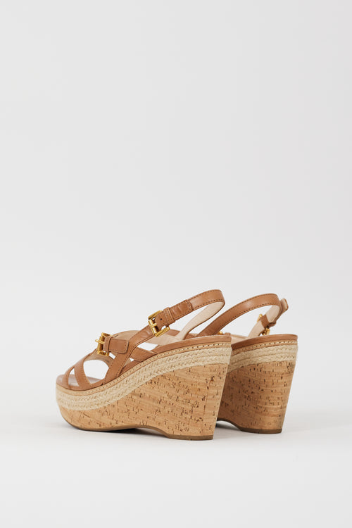 Prada Sport Brown Leather & Cork Wedge Sandal