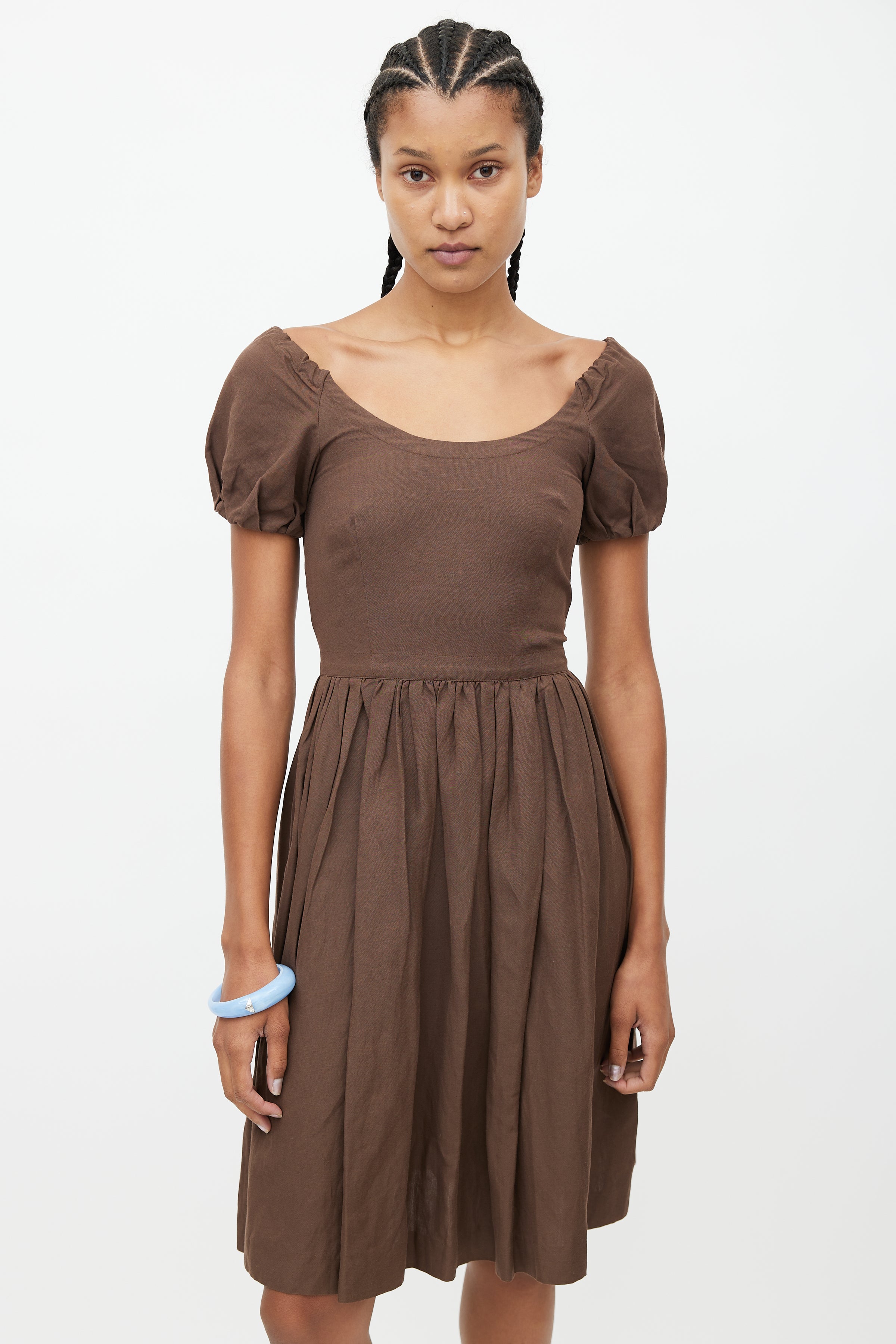 Prada // Brown Linen Ruffled Dress VSP Consignment Prada // Brown Linen Ruffled Dress VSP Consignment