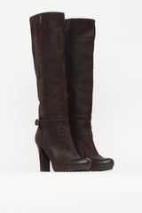 Prada Brown Nubuck Knee High Pump Boot