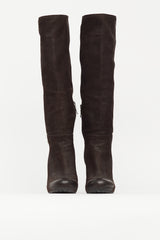 Prada Brown Nubuck Knee High Pump Boot