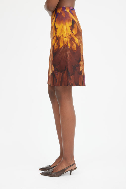 Brown Orange & Purple Silk Printed Midi Skirt
