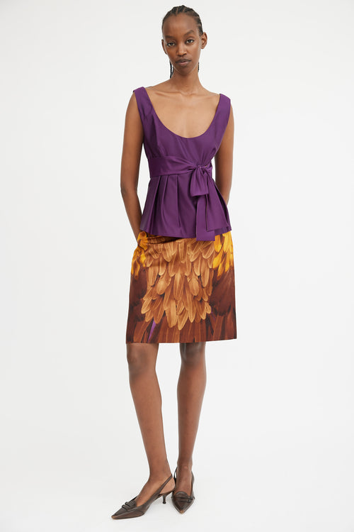 Brown Orange & Purple Silk Printed Midi Skirt