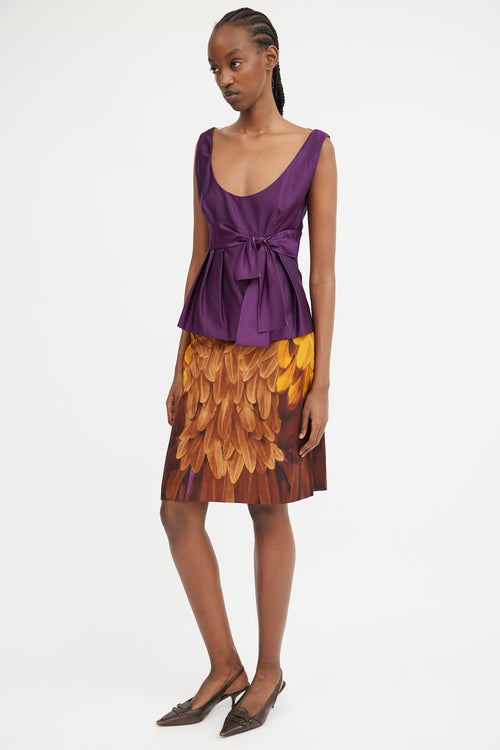 Brown Orange & Purple Silk Printed Midi Skirt