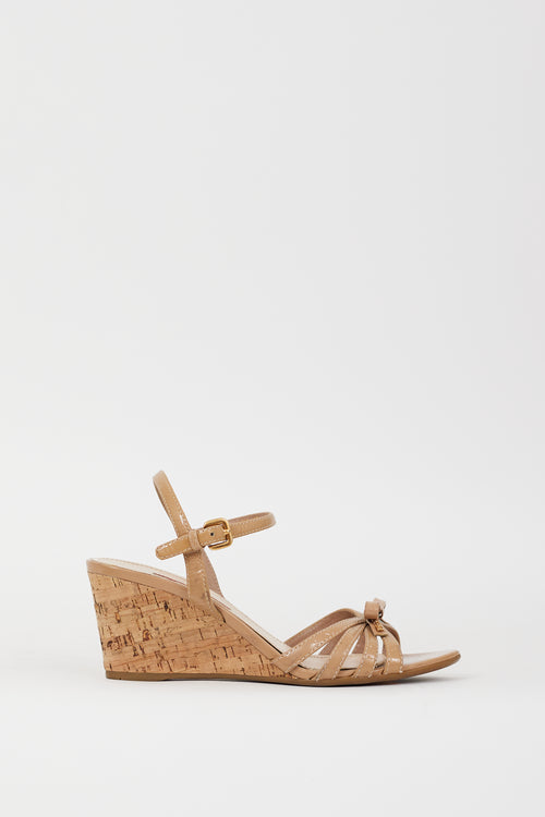 Prada Sport Beige Patent Leather & Cork Wedge Sandal