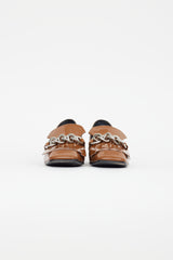 Prada Brown Patent Leather Silver Kiltie Chain Loafer
