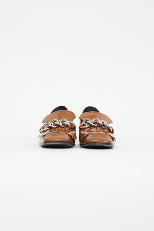 Prada Brown Patent Leather Silver Kiltie Chain Loafer