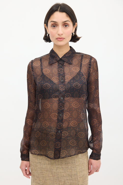 Prada Brown Silk Sheer Printed Shirt