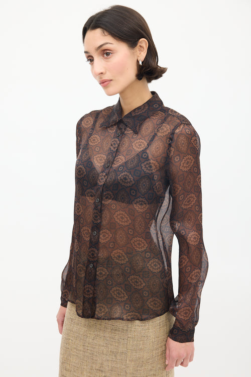 Prada Brown Silk Sheer Printed Shirt