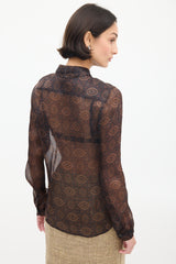 Prada Brown Silk Sheer Printed Shirt