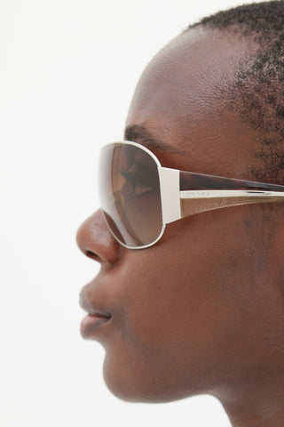Prada Brown & Silver SPR52H Shield Sunglasses