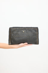 Prada Brown Woven Leather Zip Clutch