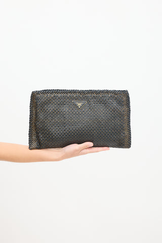 Prada Brown Woven Leather Zip Clutch