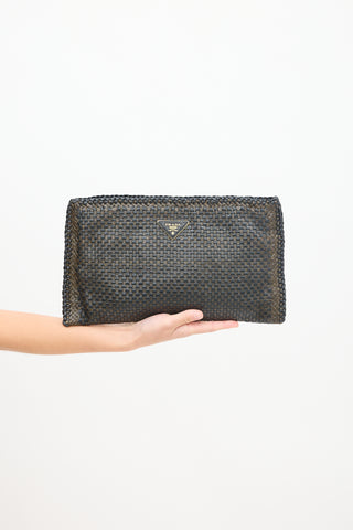 Prada Brown Woven Leather Zip Clutch