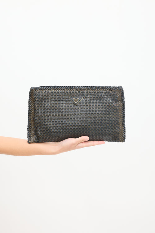 Prada Brown Woven Leather Zip Clutch