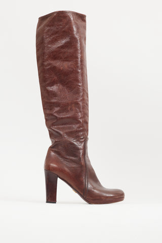 Prada Brown Crackled Leather Knee High Boot