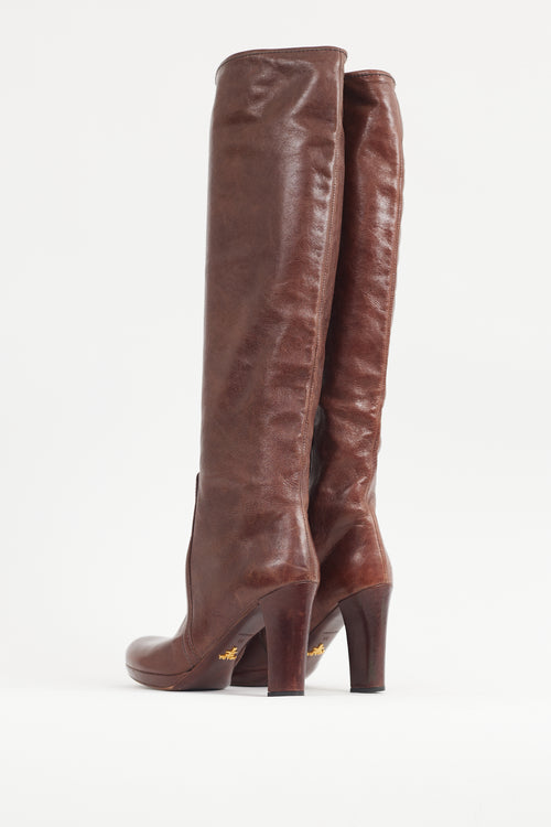 Prada Brown Crackled Leather Knee High Boot
