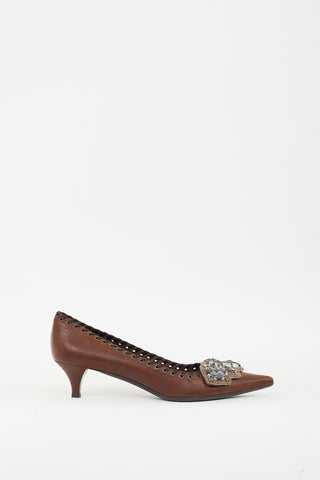 Prada Brown Leather & Beaded Knit Appliqué Pump