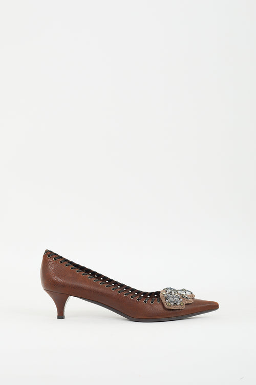 Prada Brown Leather & Beaded Knit Appliqué Pump