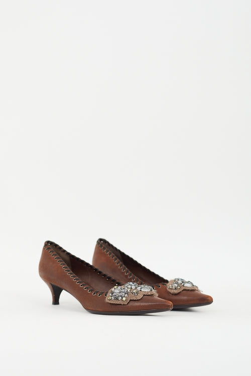 Prada Brown Leather & Beaded Knit Appliqué Pump