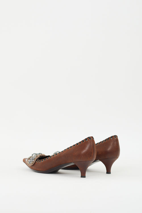 Prada Brown Leather & Beaded Knit Appliqué Pump