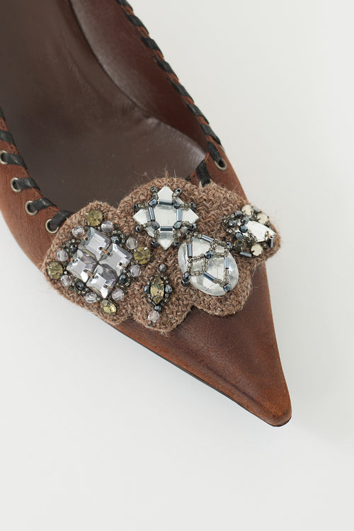 Prada Brown Leather & Beaded Knit Appliqué Pump