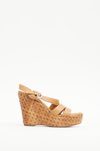 Prada Brown Leather & Woven Straw Wedge Heel